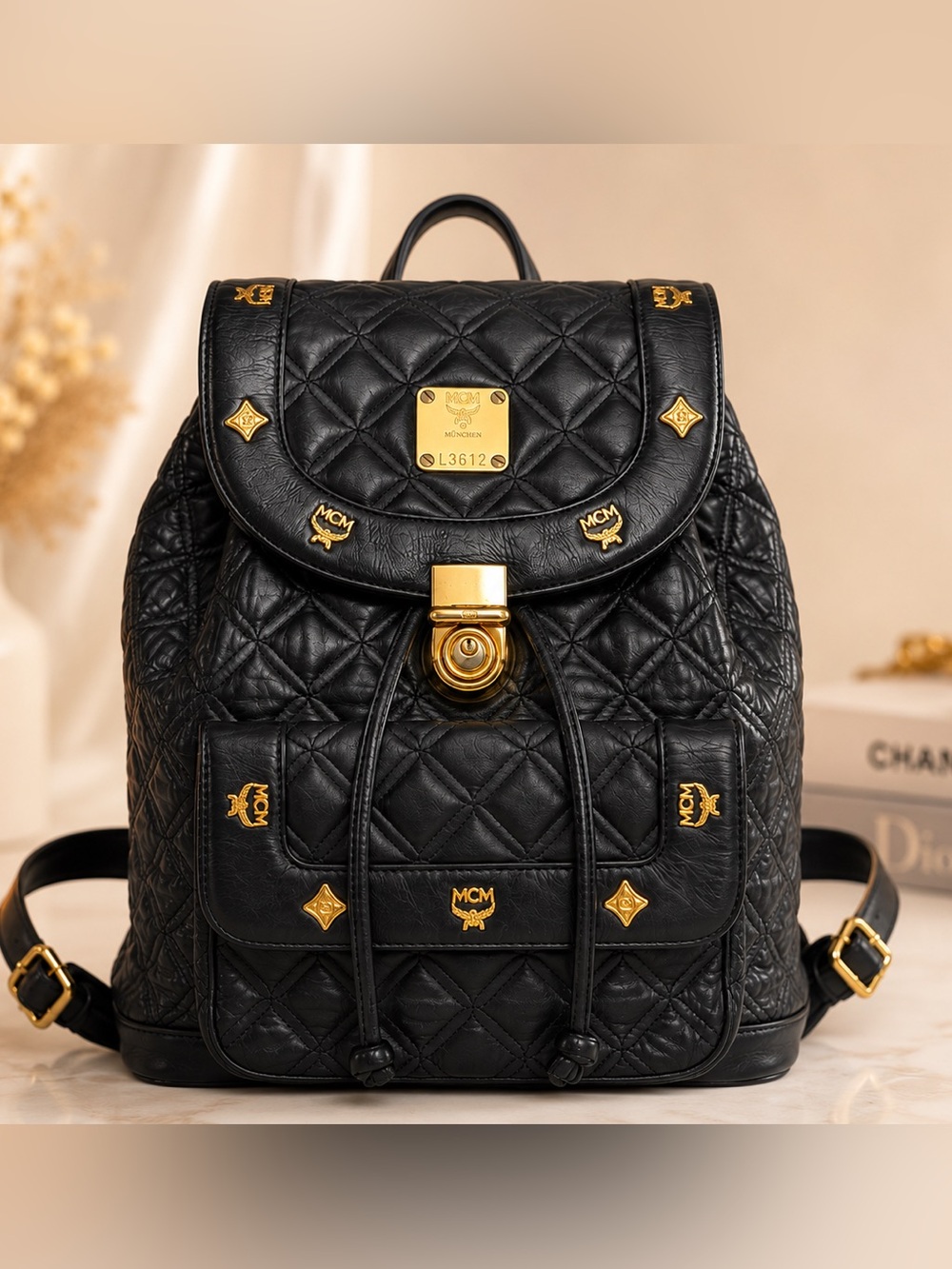 Vintage MCM Black Quilted Leather Backpack Gold Hardware - Michael Cromery Era